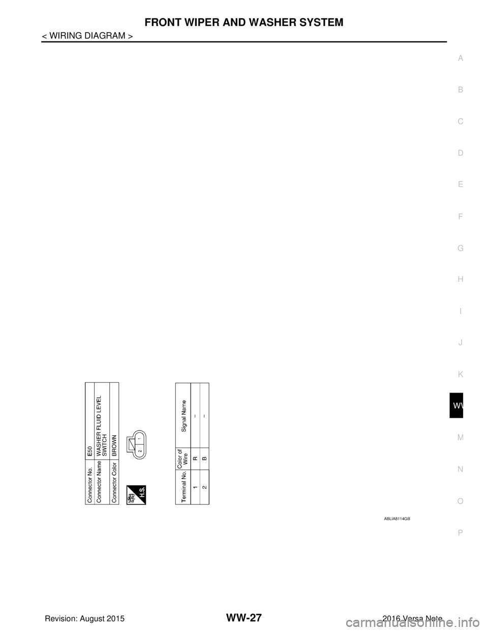 NISSAN NOTE 2016 Service Repair Manual FRONT WIPER AND WASHER SYSTEMWW-27
< WIRING DIAGRAM >
C
DE
F
G H
I
J
K
M A
B
WW
N
O P
ABLIA8114GB
Revision: August 2015 2016 Versa Note
cardiagn.com NISSAN NOTE 2016 Service Repair Manual FRONT WIPER AND WASHER SYSTEMWW-27
< WIRING DIAGRAM >
C
DE
F
G H
I
J
K
M A
B
WW
N
O P
ABLIA8114GB
Revision: August 2015 2016 Versa Note
cardiagn.com