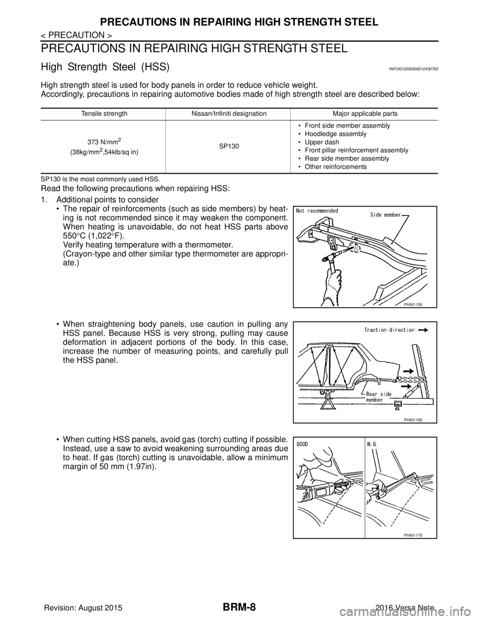 NISSAN NOTE 2016  Service Repair Manual BRM-8
< PRECAUTION >
PRECAUTIONS IN REPAIRING HIGH STRENGTH STEEL
PRECAUTIONS IN REPAIRING HIGH STRENGTH STEEL
High Strength Steel (HSS)INFOID:0000000012430793
High strength steel is used for body pan