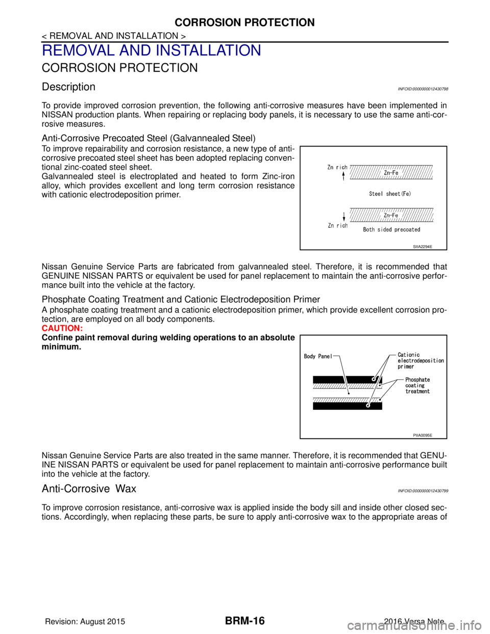 NISSAN NOTE 2016  Service Repair Manual BRM-16
< REMOVAL AND INSTALLATION >
CORROSION PROTECTION
REMOVAL AND INSTALLATION
CORROSION PROTECTION
DescriptionINFOID:0000000012430798
To provide improved corrosion prevention, the following anti-c