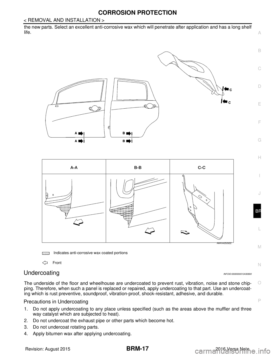 NISSAN NOTE 2016  Service Repair Manual CORROSION PROTECTIONBRM-17
< REMOVAL AND INSTALLATION >
C
DE
F
G H
I
J
L
M A
B
BRM
N
O P
the new parts. Select an excellent anti-corrosive wax which will penetrate after application and has a long she