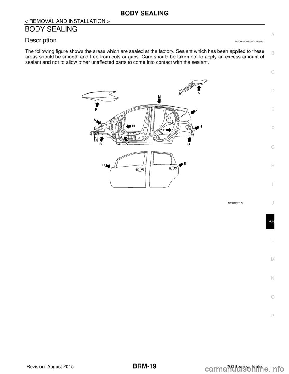 NISSAN NOTE 2016  Service Repair Manual BODY SEALINGBRM-19
< REMOVAL AND INSTALLATION >
C
DE
F
G H
I
J
L
M A
B
BRM
N
O P
BODY SEALING
DescriptionINFOID:0000000012430801
The following figure shows the areas which are sealed at  the factory. 