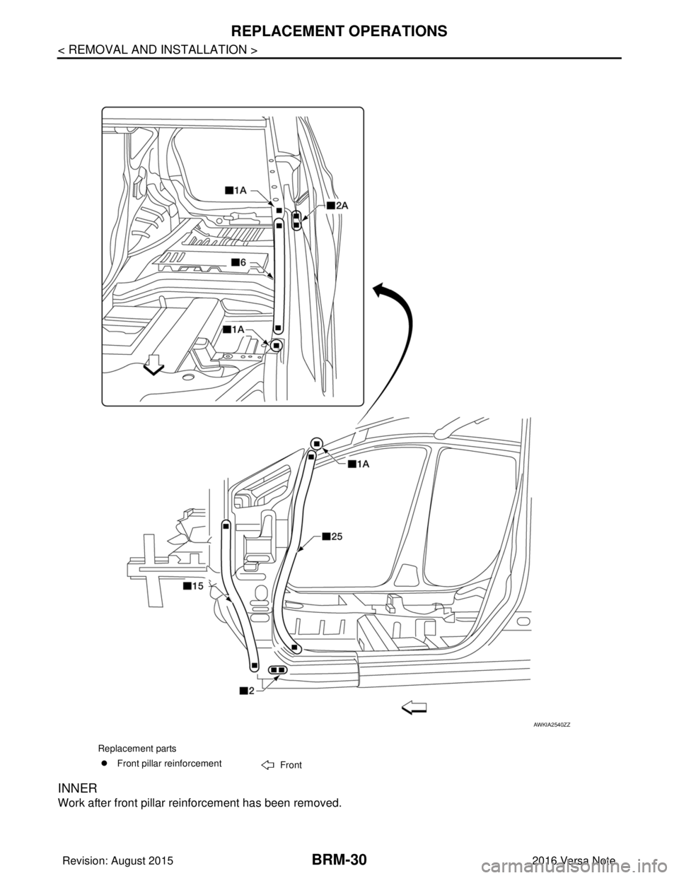 NISSAN NOTE 2016  Service Repair Manual BRM-30
< REMOVAL AND INSTALLATION >
REPLACEMENT OPERATIONS
INNER
Work after front pillar reinforcement has been removed.
Replacement parts�z Front pillar reinforcement
Front
AWKIA2540ZZ
Revision: Augu
