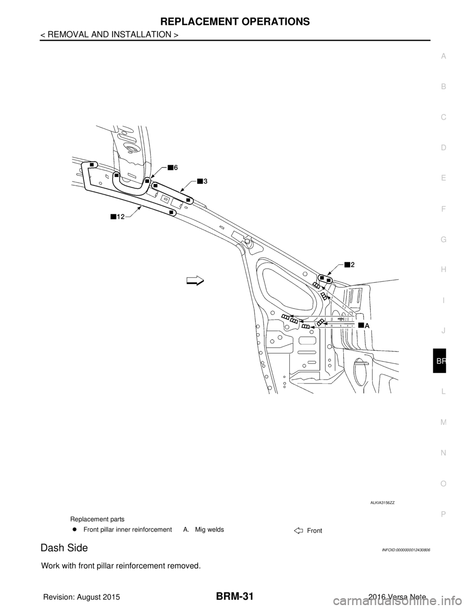 NISSAN NOTE 2016  Service Repair Manual REPLACEMENT OPERATIONSBRM-31
< REMOVAL AND INSTALLATION >
C
DE
F
G H
I
J
L
M A
B
BRM
N
O P
Dash SideINFOID:0000000012430806
Work with front pillar reinforcement removed.
Replacement parts �z Front pil