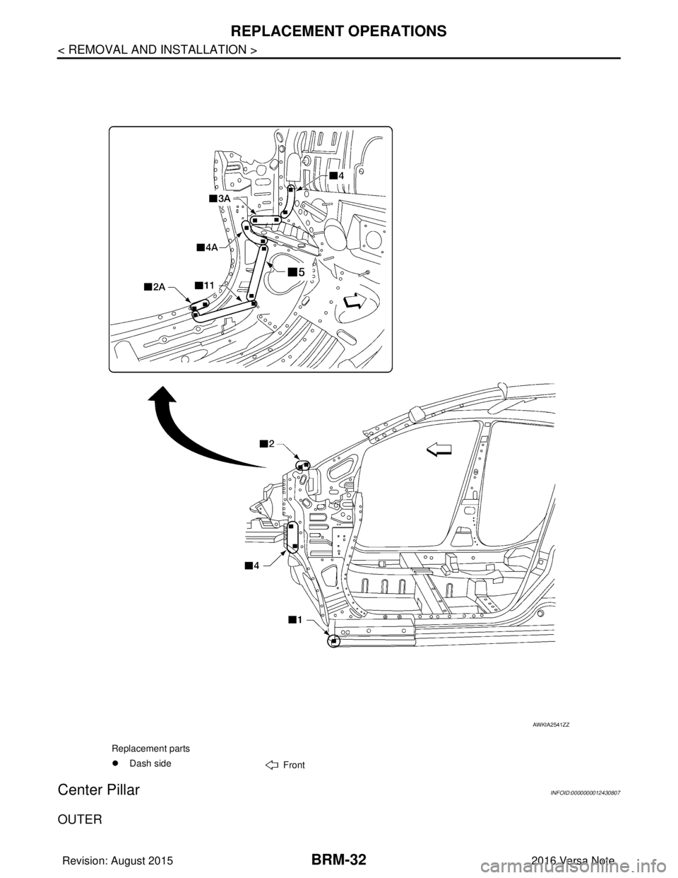 NISSAN NOTE 2016  Service Repair Manual BRM-32
< REMOVAL AND INSTALLATION >
REPLACEMENT OPERATIONS
Center Pillar
INFOID:0000000012430807
OUTER
Replacement parts
�z Dash side
Front
AWKIA2541ZZ
Revision: August 2015 2016 Versa Note

cardiagn.