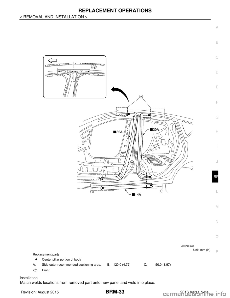 NISSAN NOTE 2016  Service Repair Manual REPLACEMENT OPERATIONSBRM-33
< REMOVAL AND INSTALLATION >
C
DE
F
G H
I
J
L
M A
B
BRM
N
O P
Unit: mm (in)
Installation
Match welds locations from removed part onto new panel and weld into place.
Replac