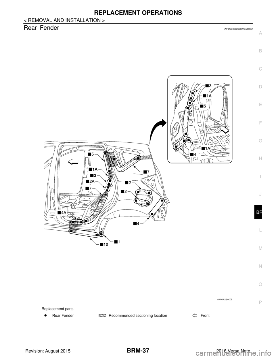 NISSAN NOTE 2016  Service Repair Manual REPLACEMENT OPERATIONSBRM-37
< REMOVAL AND INSTALLATION >
C
DE
F
G H
I
J
L
M A
B
BRM
N
O P
Rear FenderINFOID:0000000012430810
AWKIA2544ZZ
Replacement parts �z Rear Fender Recommended sectioning locati