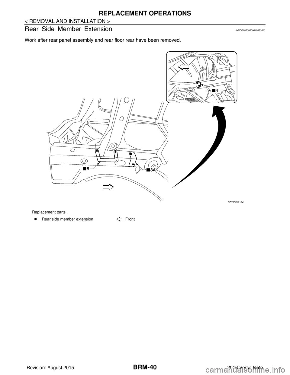 NISSAN NOTE 2016  Service Repair Manual BRM-40
< REMOVAL AND INSTALLATION >
REPLACEMENT OPERATIONS
Rear Side Member Extension
INFOID:0000000012430813
Work after rear panel assembly and rear floor rear have been removed.
Replacement parts �z