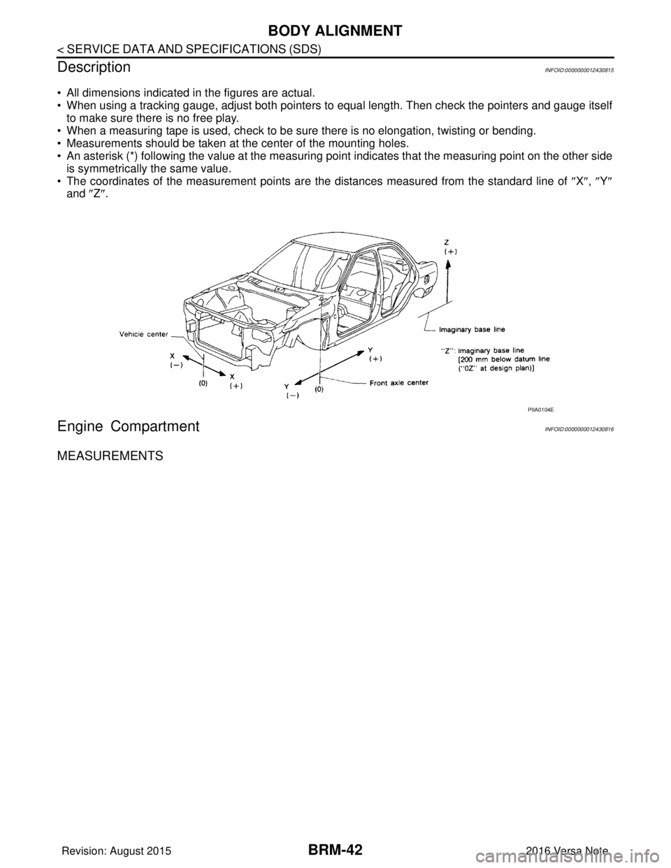 NISSAN NOTE 2016  Service Repair Manual BRM-42
< SERVICE DATA AND SPECIFICATIONS (SDS) 
BODY ALIGNMENT
Description
INFOID:0000000012430815
• All dimensions indicated in the figures are actual.
• When using a tracking gauge, adjust both 
