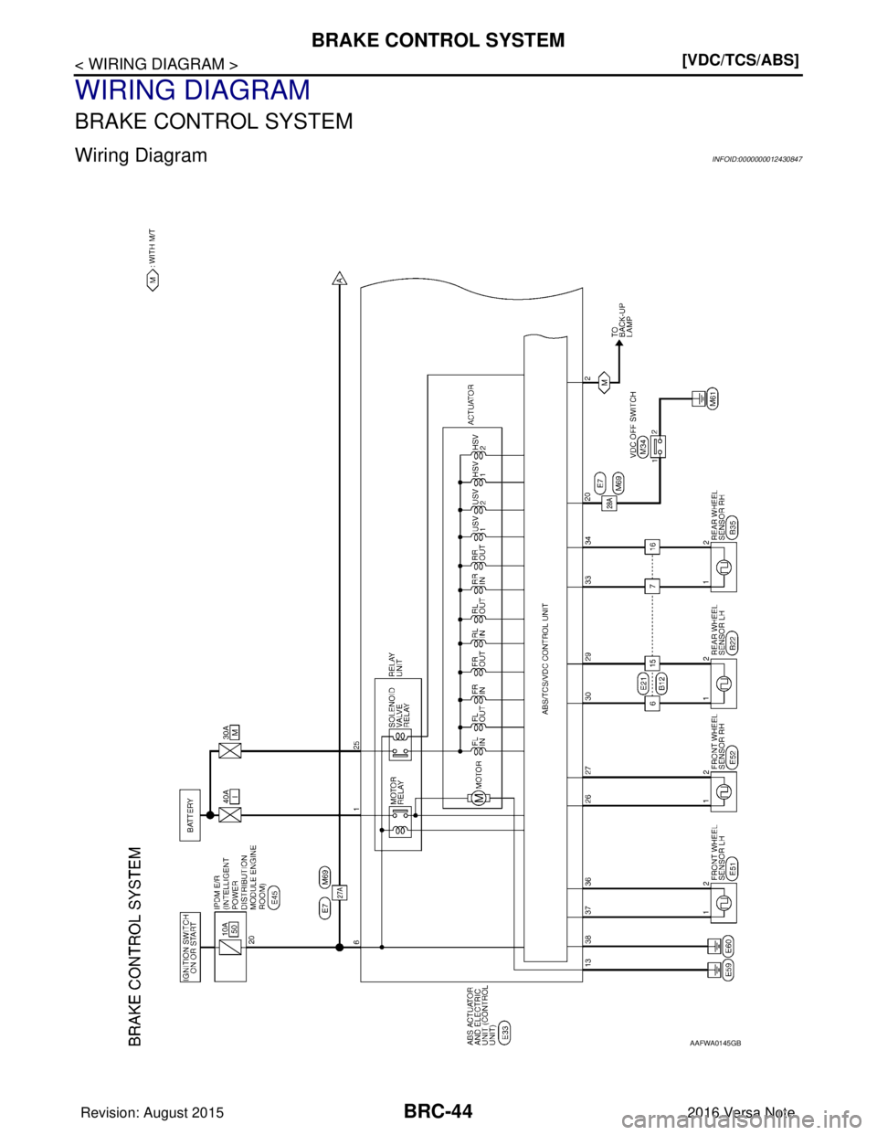 NISSAN NOTE 2016  Service Repair Manual BRC-44
< WIRING DIAGRAM >[VDC/TCS/ABS]
BRAKE CONTROL SYSTEM
WIRING DIAGRAM
BRAKE CONTROL SYSTEM
Wiring DiagramINFOID:0000000012430847
AAFWA0145GB
Revision: August 2015
2016 Versa Note

cardiagn.com  