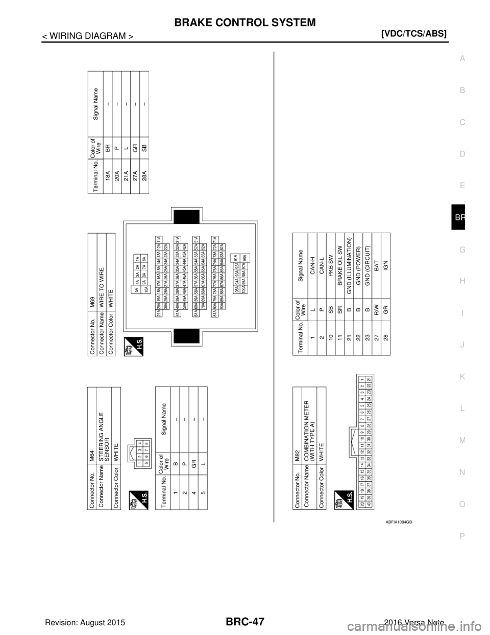 NISSAN NOTE 2016  Service Repair Manual BRAKE CONTROL SYSTEMBRC-47
< WIRING DIAGRAM > [VDC/TCS/ABS]
C
D
E
G H
I
J
K L
M A
B
BRC
N
O P
ABFIA1094GB
Revision: August 2015 2016 Versa Note

cardiagn.com  