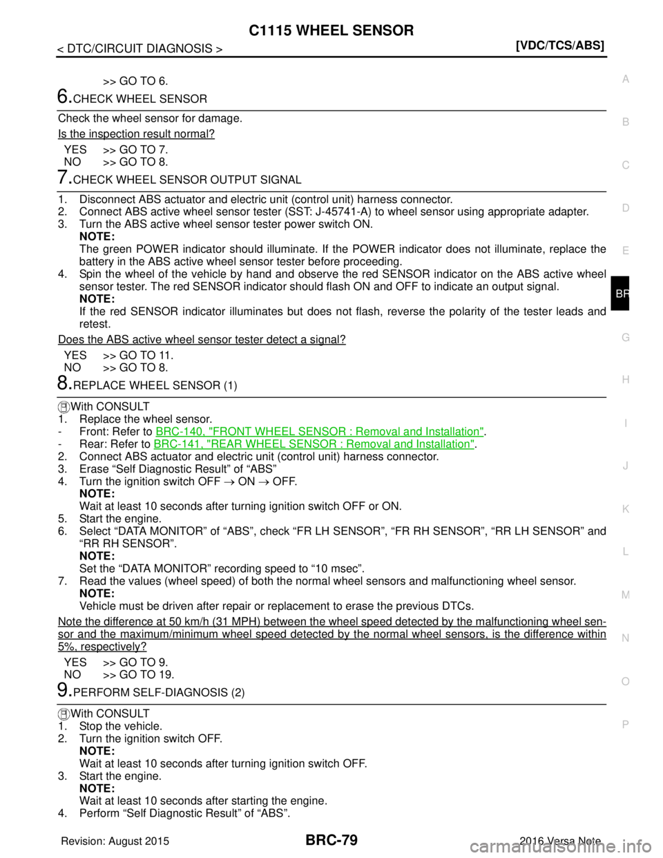 NISSAN NOTE 2016  Service Repair Manual C1115 WHEEL SENSORBRC-79
< DTC/CIRCUIT DIAGNOSIS > [VDC/TCS/ABS]
C
D
E
G H
I
J
K L
M A
B
BRC
N
O P
>> GO TO 6.
6.CHECK WHEEL SENSOR
Check the wheel sensor for damage.
Is the inspection result normal?

