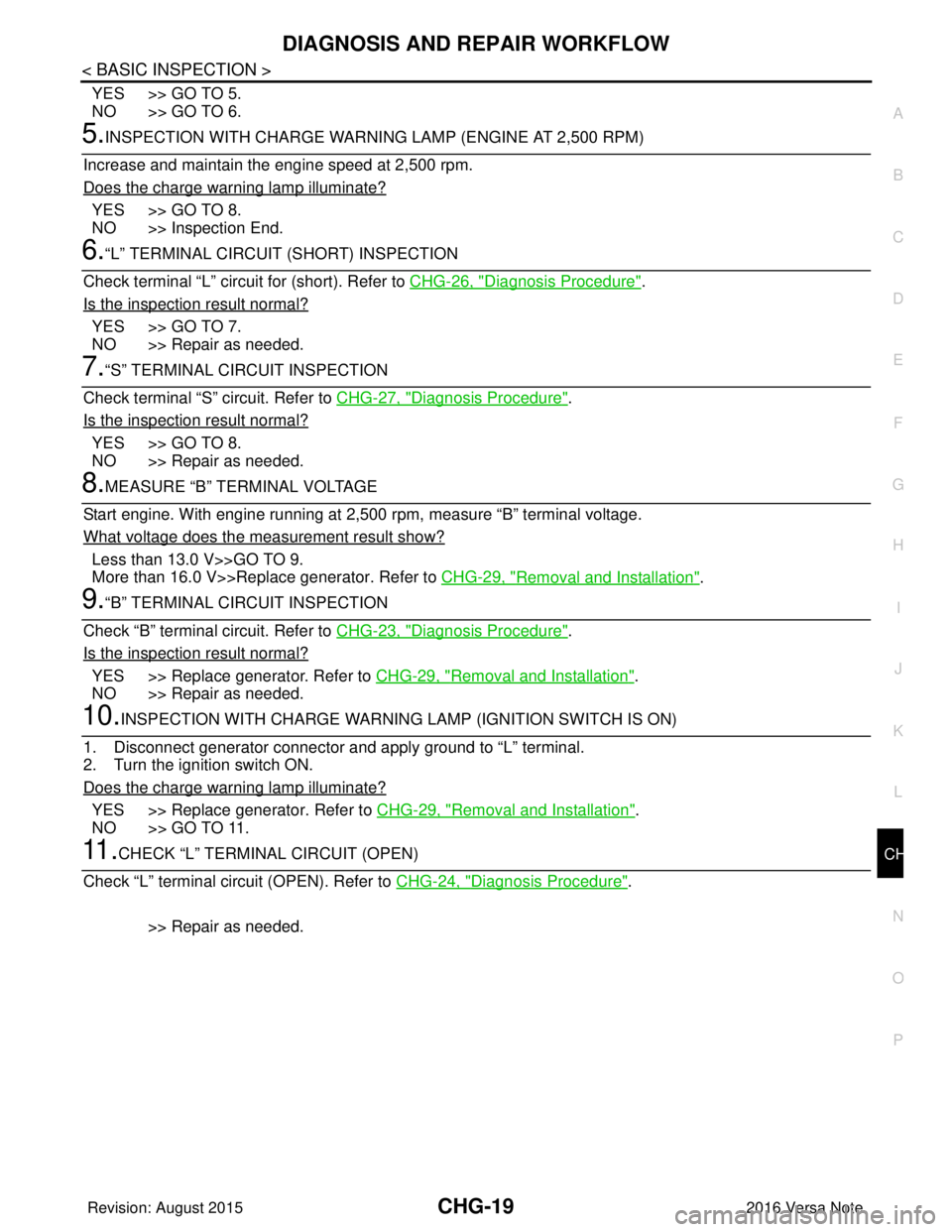 NISSAN NOTE 2016 Service Repair Manual CHG
DIAGNOSIS AND REPAIR WORKFLOWCHG-19
< BASIC INSPECTION >
C
DE
F
G H
I
J
K L
B A
O P
N
YES >> GO TO 5.
NO >> GO TO 6.
5.INSPECTION WITH CHARGE WARNING LAMP (ENGINE AT 2,500 RPM)
Increase and mainta NISSAN NOTE 2016 Service Repair Manual CHG
DIAGNOSIS AND REPAIR WORKFLOWCHG-19
< BASIC INSPECTION >
C
DE
F
G H
I
J
K L
B A
O P
N
YES >> GO TO 5.
NO >> GO TO 6.
5.INSPECTION WITH CHARGE WARNING LAMP (ENGINE AT 2,500 RPM)
Increase and mainta