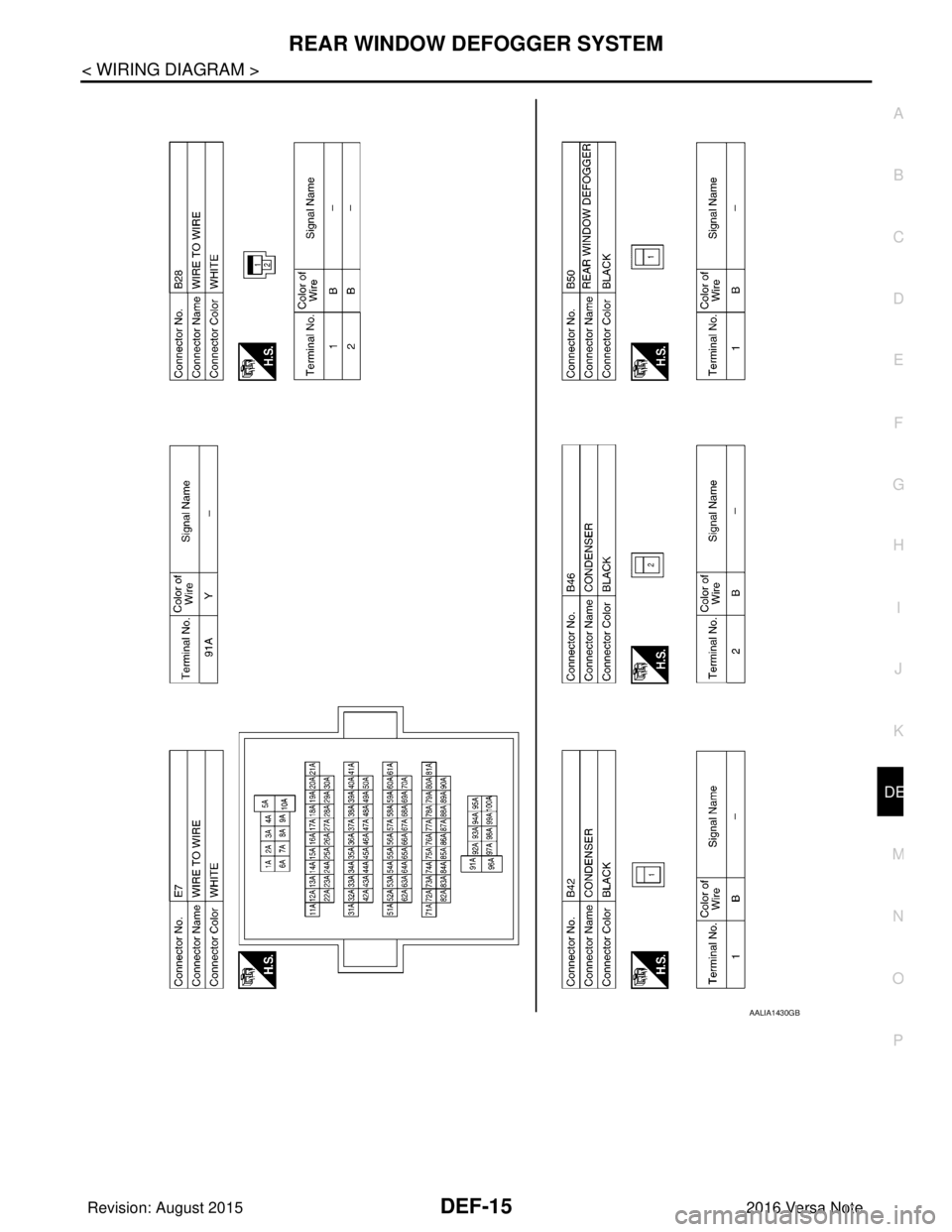 NISSAN NOTE 2016  Service Repair Manual REAR WINDOW DEFOGGER SYSTEMDEF-15
< WIRING DIAGRAM >
C
DE
F
G H
I
J
K
M A
B
DEF
N
O P
AALIA1430GB
Revision: August 2015 2016 Versa Note

cardiagn.com  