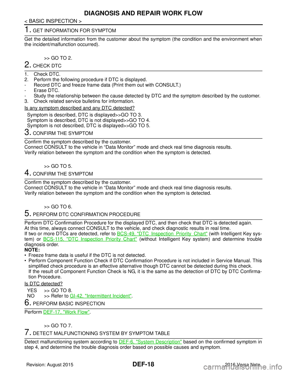 NISSAN NOTE 2016 Service Repair Manual DEF-18
< BASIC INSPECTION >
DIAGNOSIS AND REPAIR WORK FLOW
1. GET INFORMATION FOR SYMPTOM
Get the detailed information from the customer about the symptom (the condition and the environment when
the i NISSAN NOTE 2016 Service Repair Manual DEF-18
< BASIC INSPECTION >
DIAGNOSIS AND REPAIR WORK FLOW
1. GET INFORMATION FOR SYMPTOM
Get the detailed information from the customer about the symptom (the condition and the environment when
the i