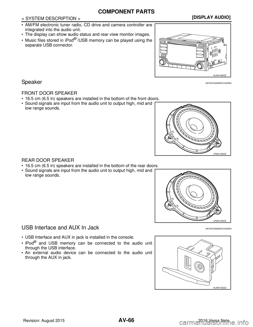 NISSAN NOTE 2016  Service Manual PDF AV-66
< SYSTEM DESCRIPTION >[DISPLAY AUDIO]
COMPONENT PARTS
• AM/FM electronic tuner radio, CD drive and camera controller are
integrated into the audio unit.
• The display can show audio status a