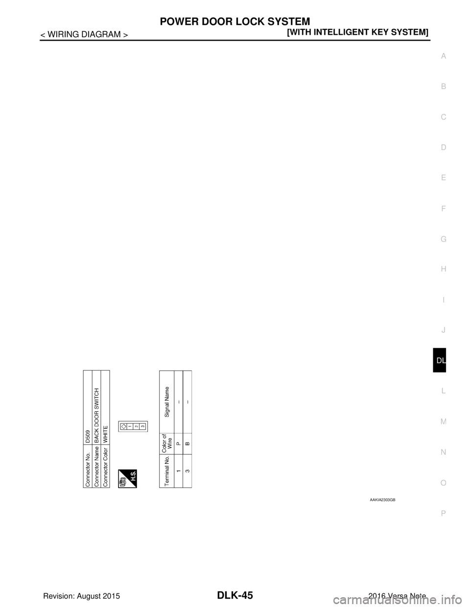NISSAN NOTE 2016  Service Repair Manual POWER DOOR LOCK SYSTEMDLK-45
< WIRING DIAGRAM > [WITH INTELLIGENT KEY SYSTEM]
C
D
E
F
G H
I
J
L
M A
B
DLK
N
O P
AAKIA2303GB
Revision: August 2015 2016 Versa Note

cardiagn.com  