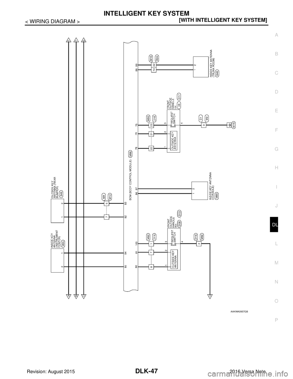 NISSAN NOTE 2016  Service Repair Manual INTELLIGENT KEY SYSTEMDLK-47
< WIRING DIAGRAM > [WITH INTELLIGENT KEY SYSTEM]
C
D
E
F
G H
I
J
L
M A
B
DLK
N
O P
AAKWA0957GB
Revision: August 2015 2016 Versa Note

cardiagn.com  