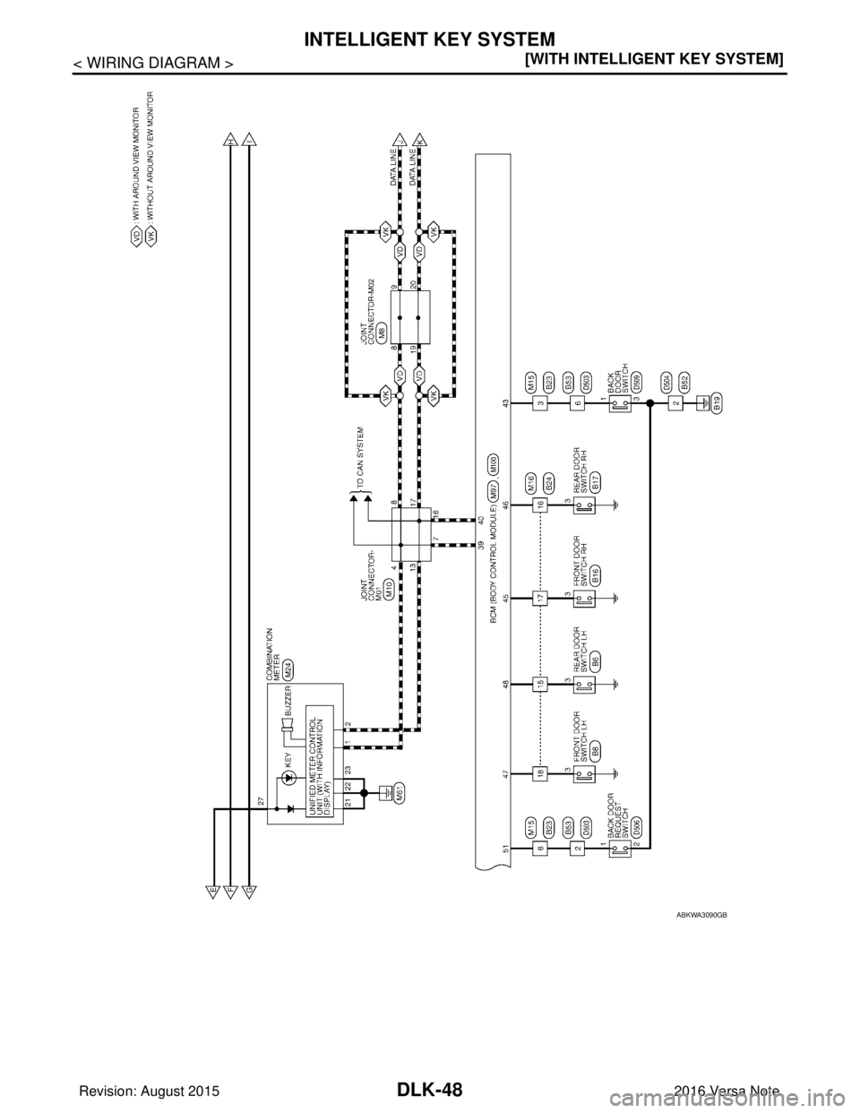 NISSAN NOTE 2016  Service Repair Manual DLK-48
< WIRING DIAGRAM >[WITH INTELLIGENT KEY SYSTEM]
INTELLIGENT KEY SYSTEM
ABKWA3090GB
Revision: August 2015
2016 Versa Note

cardiagn.com  