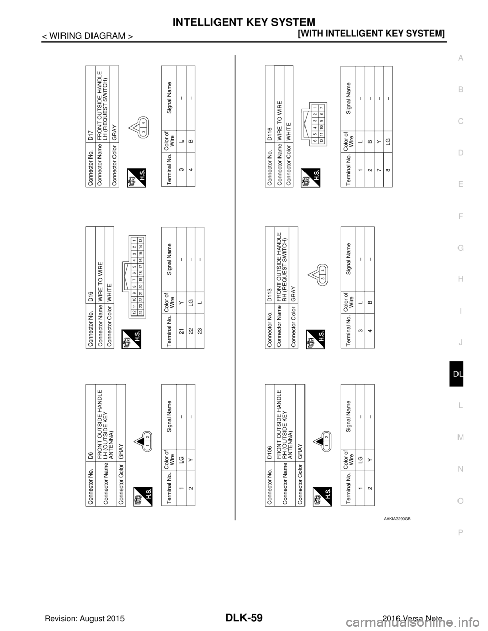 NISSAN NOTE 2016  Service Repair Manual INTELLIGENT KEY SYSTEMDLK-59
< WIRING DIAGRAM > [WITH INTELLIGENT KEY SYSTEM]
C
D
E
F
G H
I
J
L
M A
B
DLK
N
O P
AAKIA2290GB
Revision: August 2015 2016 Versa Note

cardiagn.com  
