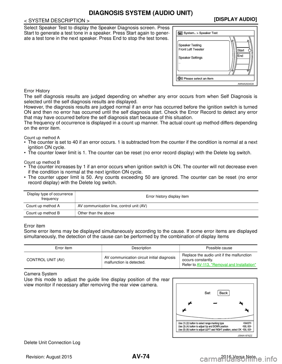 NISSAN NOTE 2016  Service Manual PDF AV-74
< SYSTEM DESCRIPTION >[DISPLAY AUDIO]
DIAGNOSIS SYSTEM (AUDIO UNIT)
Select Speaker Test to display the Speaker Diagnosis screen. Press
Start to generate a test tone in a speaker. Press Start aga
