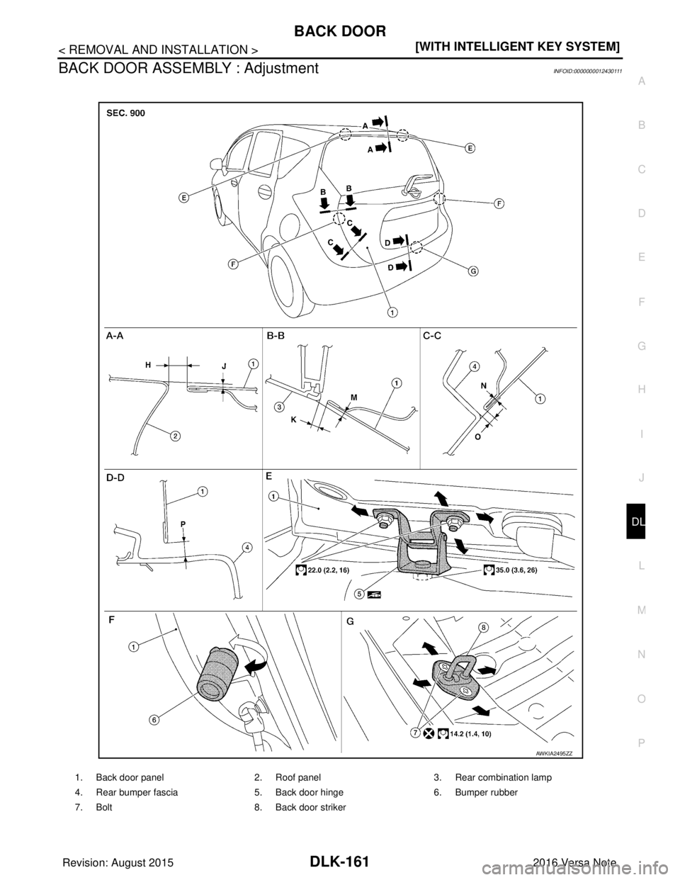 NISSAN NOTE 2016  Service User Guide BACK DOORDLK-161
< REMOVAL AND INSTALLATION > [WITH INTELLIGENT KEY SYSTEM]
C
D
E
F
G H
I
J
L
M A
B
DLK
N
O P
BACK DOOR ASSEMBLY : AdjustmentINFOID:0000000012430111
1. Back door panel 2. Roof panel3. 