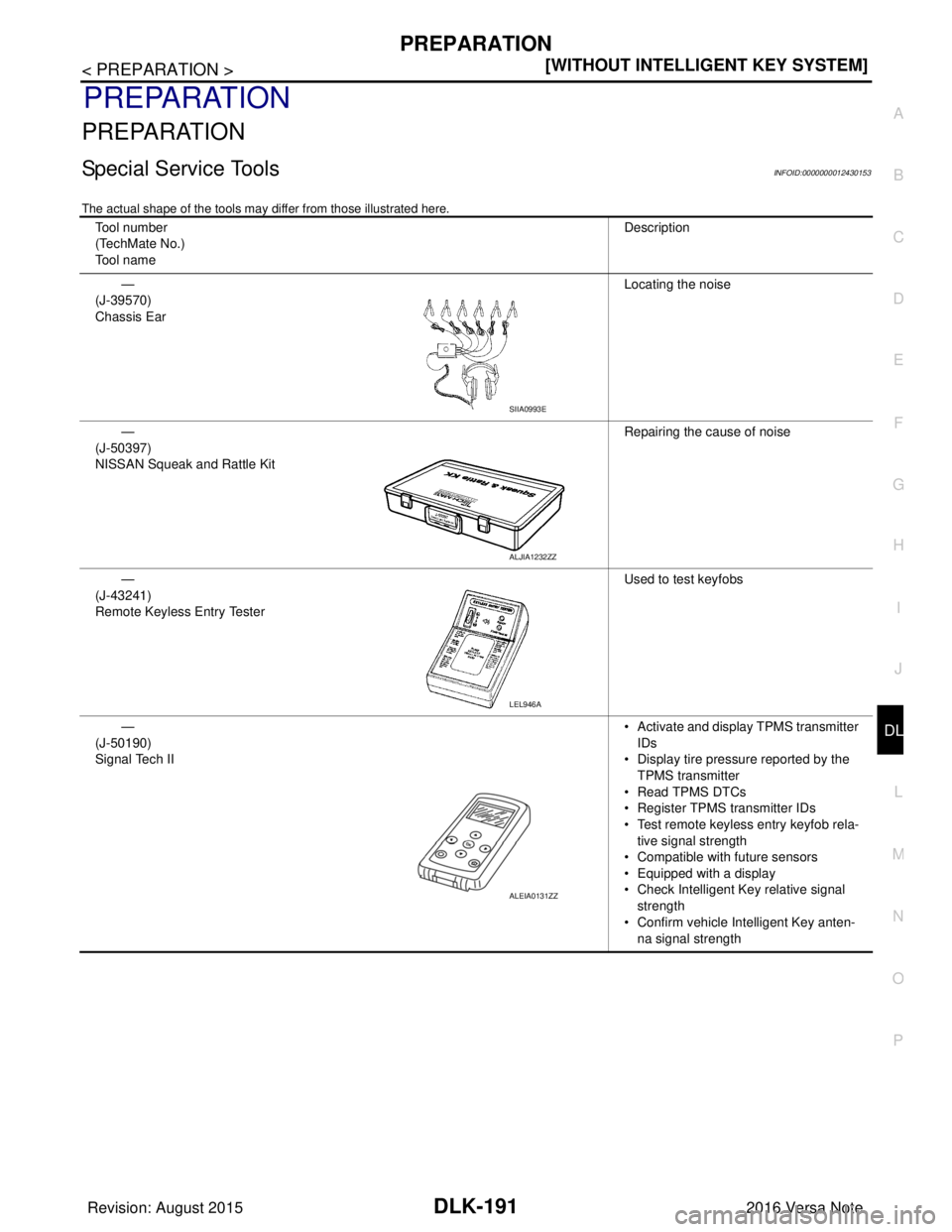NISSAN NOTE 2016  Service Repair Manual PREPARATIONDLK-191
< PREPARATION > [WITHOUT INTELLIGENT KEY SYSTEM]
C
D
E
F
G H
I
J
L
M A
B
DLK
N
O P
PREPARATION
PREPARATION
Special Service ToolsINFOID:0000000012430153
The actual shape of the tools