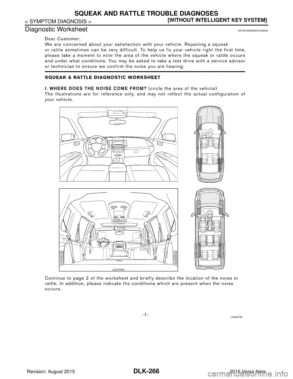 NISSAN NOTE 2016  Service Repair Manual DLK-266
< SYMPTOM DIAGNOSIS >[WITHOUT INTELLIGENT KEY SYSTEM]
SQUEAK AND RATTLE TROUBLE DIAGNOSES
Diagnostic Worksheet
INFOID:0000000012430230
LAIA0072E
Revision: August 2015 2016 Versa Note

cardiagn