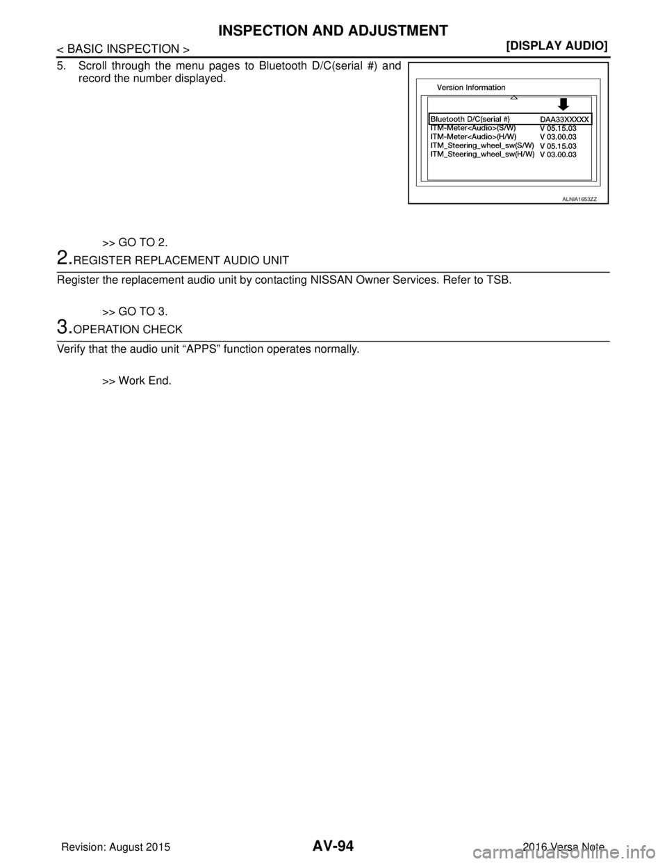 NISSAN NOTE 2016  Service Owners Manual AV-94
< BASIC INSPECTION >[DISPLAY AUDIO]
INSPECTION AND ADJUSTMENT
5. Scroll through the menu pages to Bluetooth D/C(serial #) and
record the number displayed.
>> GO TO 2.
2.REGISTER REPLACEMENT AUDI