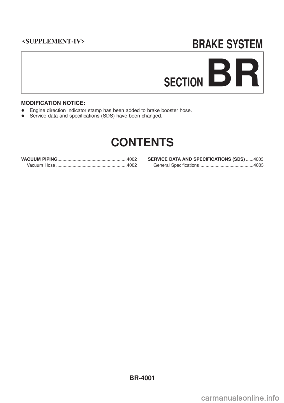 NISSAN PATROL 2004  Electronic Repair Manual <SUPPLEMENT-IV>                                                                  BRAKESYSTEM
SECTION
BR
MODIFICATION NOTICE:
+ Engine direction indicator stamp has been added to brake booster hose.
+ 