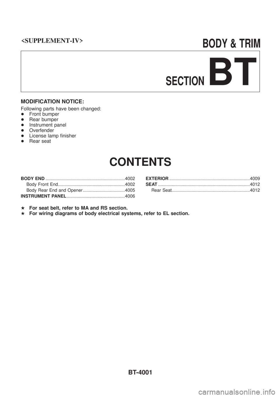 NISSAN PATROL 2004  Electronic Repair Manual <SUPPLEMENT-IV>                                                                        \
  BODY&TRIM
SECTION
BT
MODIFICATION NOTICE:
Following parts have been changed:
+ Front bumper
+ Rear bumper
+ I