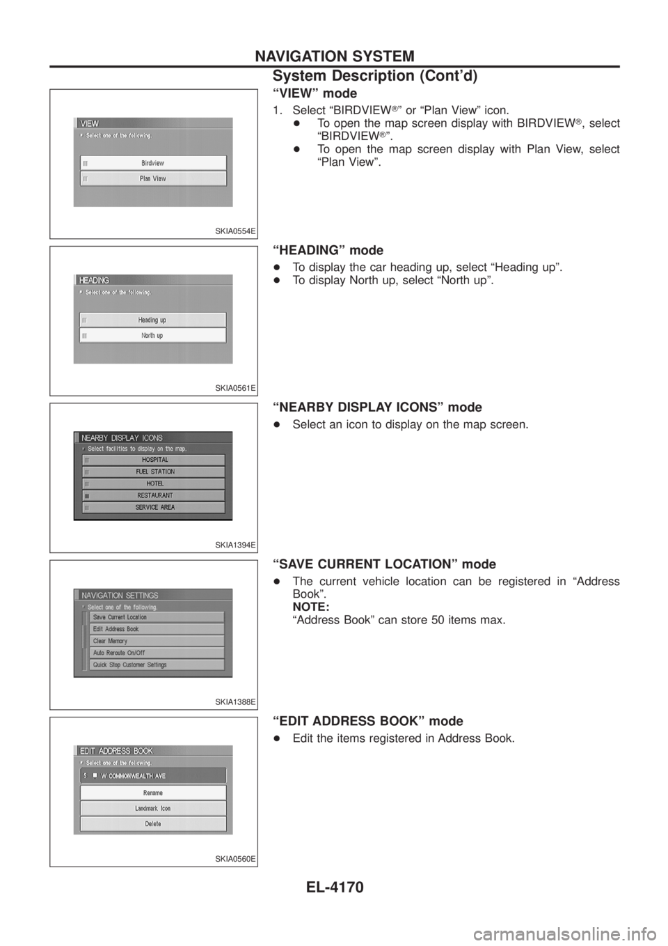 NISSAN PATROL 2004  Electronic Repair Manual ªVIEWº mode
1. Select ªBIRDVIEWTº or ªPlan Viewº icon.
+ To open the map screen display with BIRDVIEW T, select
ªBIRDVIEW Tº.
+ To open the map screen display with Plan View, select
ªPlan Vie