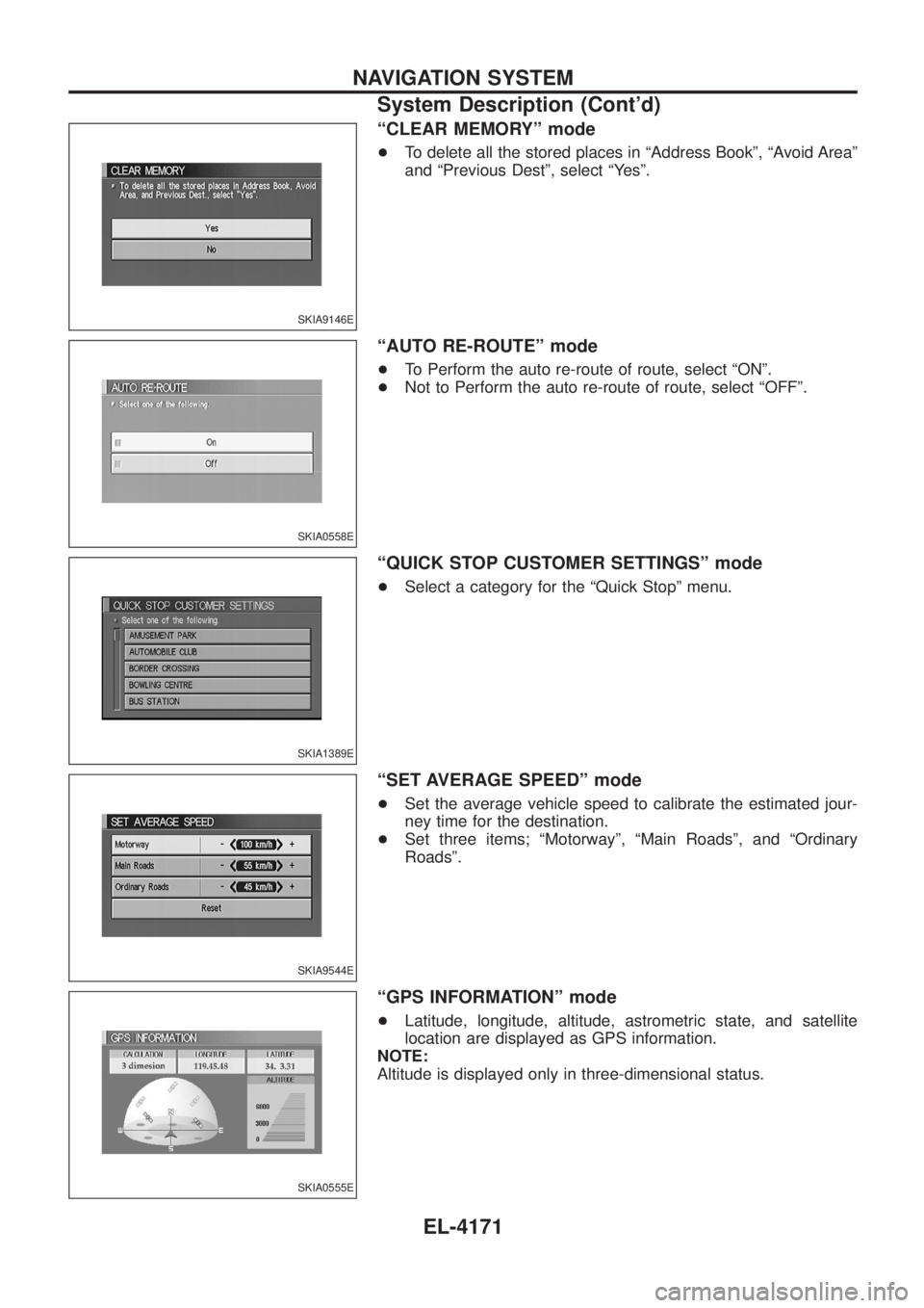 NISSAN PATROL 2004  Electronic Repair Manual ªCLEAR MEMORYº mode
+To delete all the stored places in ªAddress Bookº, ªAvoid Areaº
and ªPrevious Destº, select ªYesº.
ªAUTO RE-ROUTEº mode
+To Perform the auto re-route of route, select 