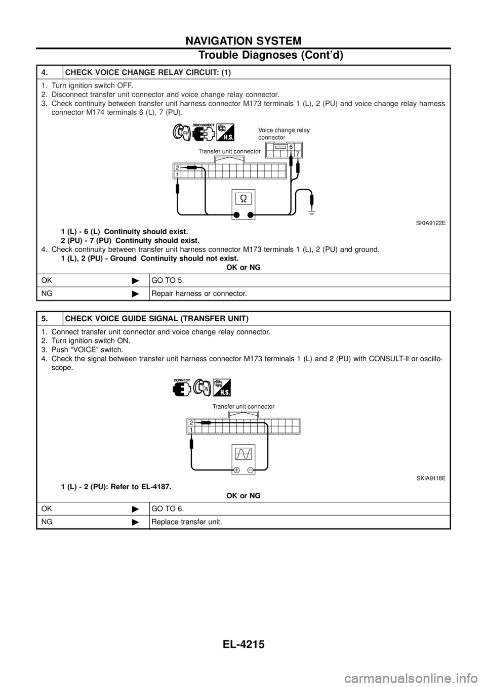 NISSAN PATROL 2004  Electronic Repair Manual 4. CHECK VOICE CHANGE RELAY CIRCUIT: (1)
1. Turn ignition switch OFF.
2. Disconnect transfer unit connector and voice change relay connector.
3. Check continuity between transfer unit harness connecto