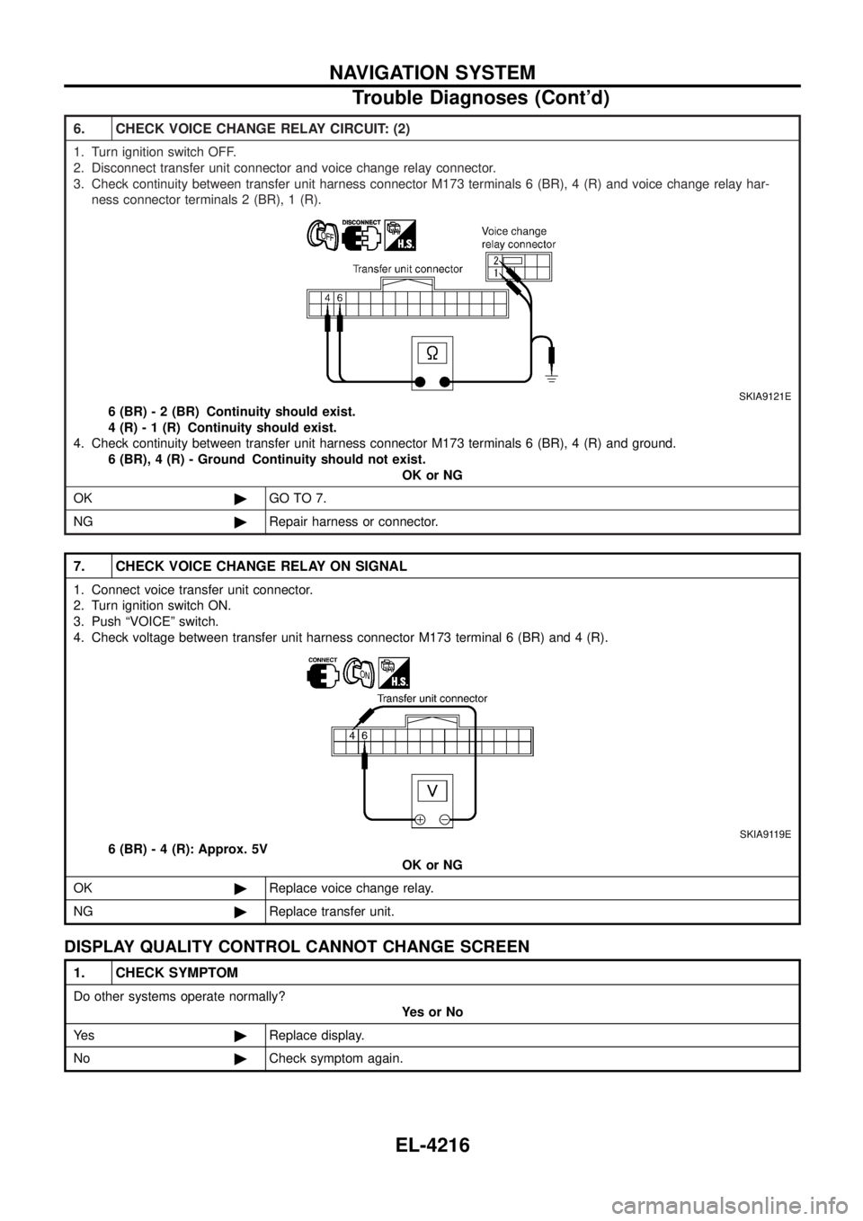NISSAN PATROL 2004  Electronic Repair Manual 6. CHECK VOICE CHANGE RELAY CIRCUIT: (2)
1. Turn ignition switch OFF.
2. Disconnect transfer unit connector and voice change relay connector.
3. Check continuity between transfer unit harness connecto