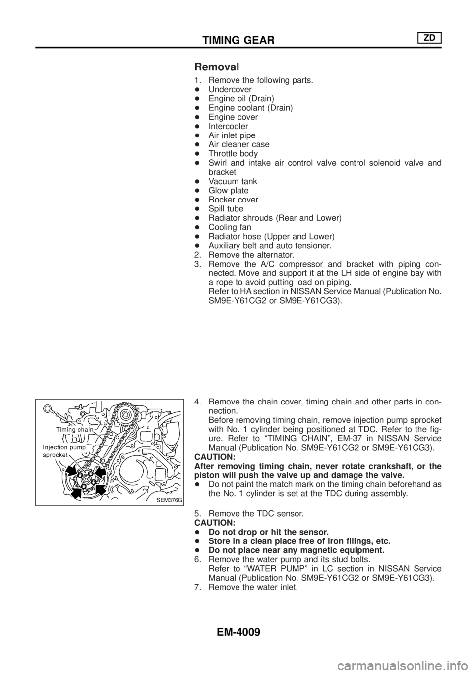 NISSAN PATROL 2004  Electronic Repair Manual Removal
1. Remove the following parts.
+Undercover
+Engine oil (Drain)
+Engine coolant (Drain)
+Engine cover
+Intercooler
+Air inlet pipe
+Air cleaner case
+Throttle body
+Swirl and intake air control