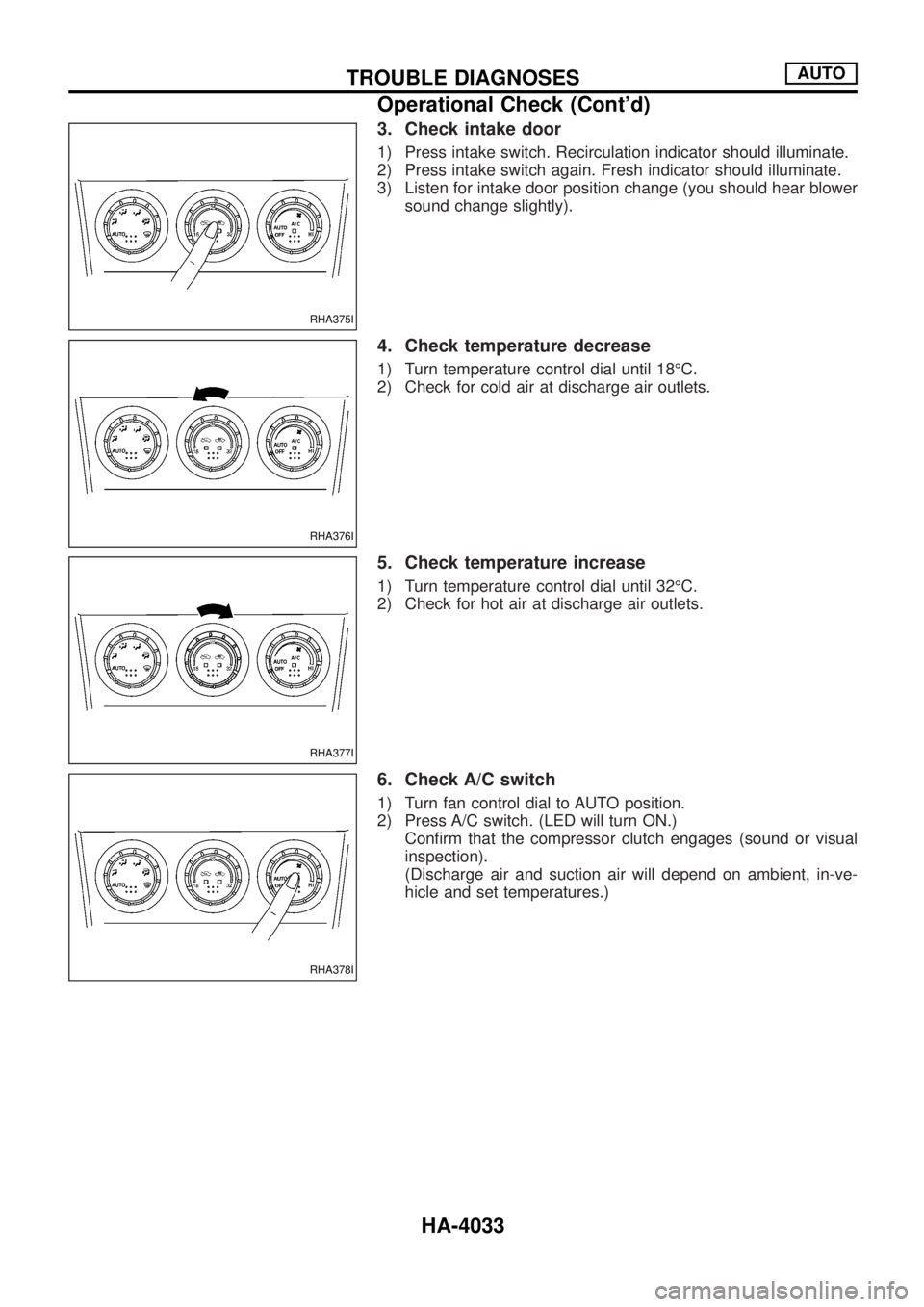 NISSAN PATROL 2004  Electronic Repair Manual 3. Check intake door
1) Press intake switch. Recirculation indicator should illuminate.
2) Press intake switch again. Fresh indicator should illuminate.
3) Listen for intake door position change (you 