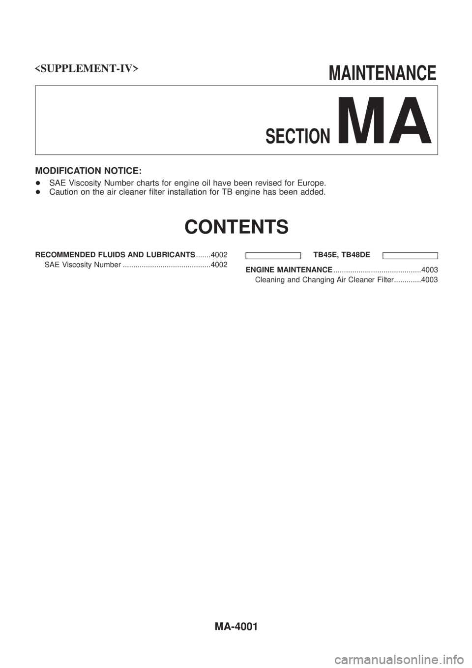 NISSAN PATROL 2004 Electronic Repair Manual <SUPPLEMENT-IV> MAINTENANCE
SECTION
MA
MODIFICATION NOTICE:
+ SAE Viscosity Number charts for engine oil have been revised for Euro NISSAN PATROL 2004 Electronic Repair Manual <SUPPLEMENT-IV> MAINTENANCE
SECTION
MA
MODIFICATION NOTICE:
+ SAE Viscosity Number charts for engine oil have been revised for Euro