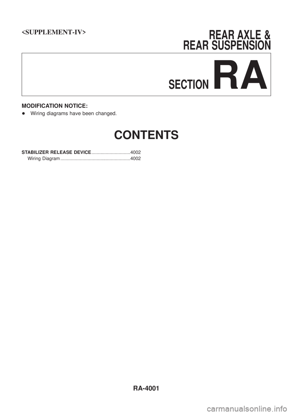 NISSAN PATROL 2004  Electronic Repair Manual <SUPPLEMENT-IV>                                                                        \
 REARAXLE&
REAR SUSPENSION
SECTION
RA
MODIFICATION NOTICE:
+ Wiring diagrams have been changed.
CONTENTS
STABIL