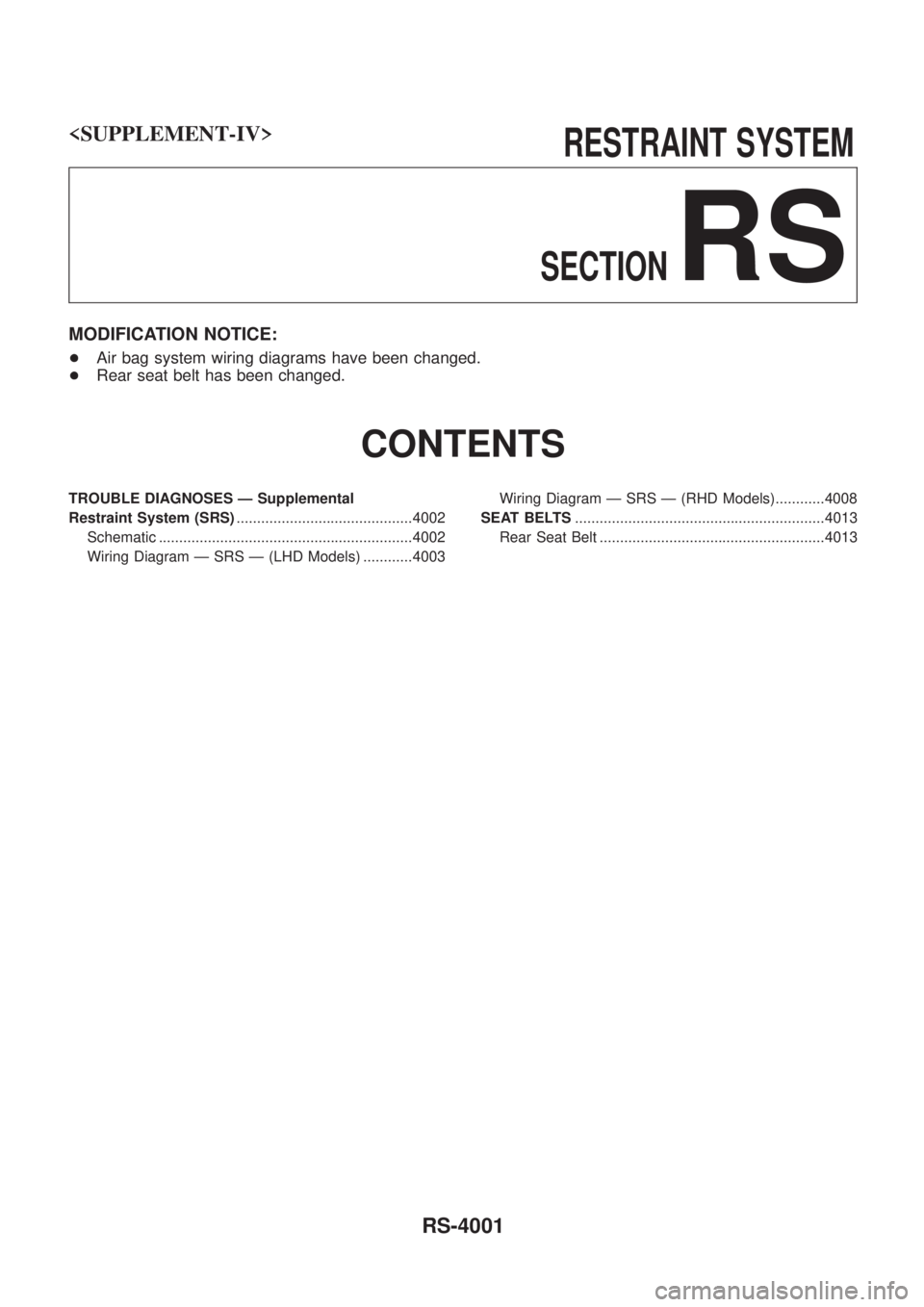 NISSAN PATROL 2004 Electronic Repair Manual <SUPPLEMENT-IV> RESTRAINTSYSTEM
SECTION
RS
MODIFICATION NOTICE:
+ Air bag system wiring diagrams have been changed.
+ Rear seat belt has been chan NISSAN PATROL 2004 Electronic Repair Manual <SUPPLEMENT-IV> RESTRAINTSYSTEM
SECTION
RS
MODIFICATION NOTICE:
+ Air bag system wiring diagrams have been changed.
+ Rear seat belt has been chan