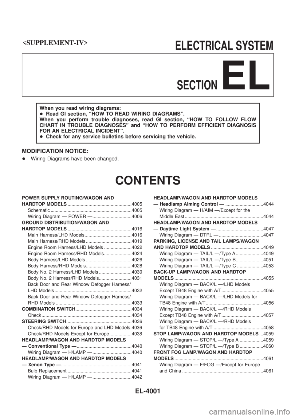 NISSAN PATROL 2004 Electronic Owners Manual <SUPPLEMENT-IV> ELECTRICALSYSTEM
SECTION
EL
When you read wiring diagrams:
+ Read GI section, ªHOW TO READ WIRING DIAGRAMSº.
When you perform troubl NISSAN PATROL 2004 Electronic Owners Manual <SUPPLEMENT-IV> ELECTRICALSYSTEM
SECTION
EL
When you read wiring diagrams:
+ Read GI section, ªHOW TO READ WIRING DIAGRAMSº.
When you perform troubl