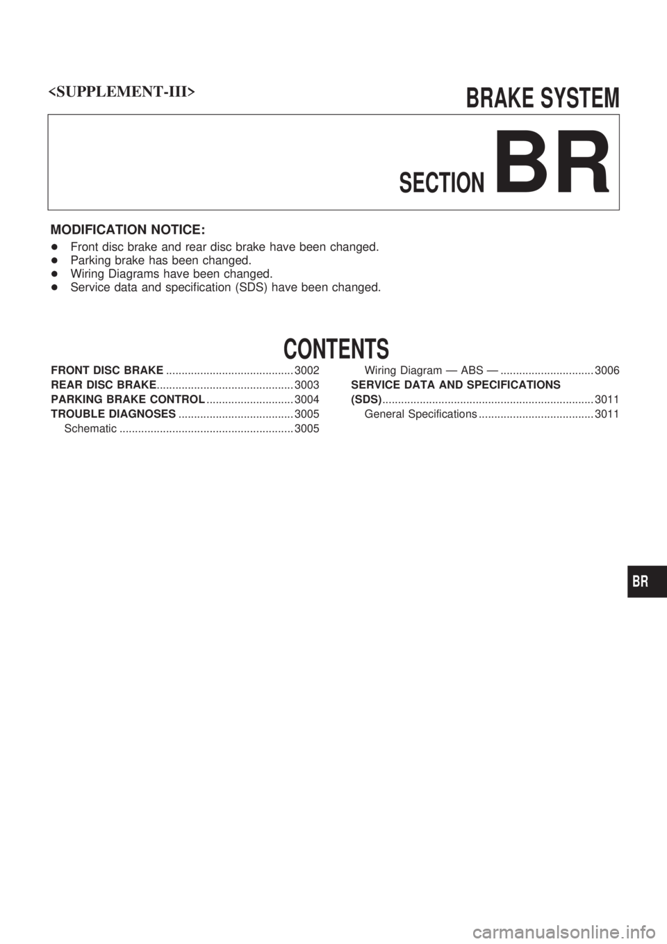 NISSAN PATROL 2002 Electronic User Guide BRAKE SYSTEM
SECTION
BR
MODIFICATION NOTICE:
+Front disc brake and rear disc brake have been changed.
+Parking brake has been changed.
+Wiring Diagrams have been changed.
+Service data and specificati NISSAN PATROL 2002 Electronic User Guide BRAKE SYSTEM
SECTION
BR
MODIFICATION NOTICE:
+Front disc brake and rear disc brake have been changed.
+Parking brake has been changed.
+Wiring Diagrams have been changed.
+Service data and specificati