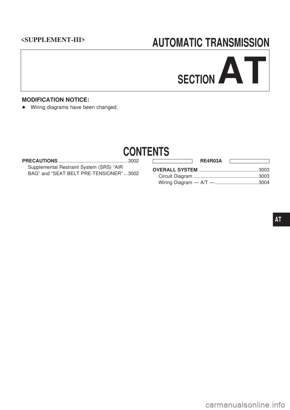 NISSAN PATROL 2002  Electronic Repair Manual AUTOMATIC TRANSMISSION
SECTION
AT
MODIFICATION NOTICE:
+Wiring diagrams have been changed.
CONTENTS
PRECAUTIONS................................................... 3002
Supplemental Restraint System (S