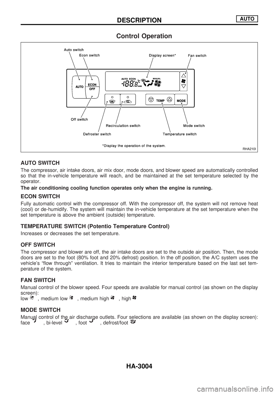 NISSAN PATROL 2002  Electronic Repair Manual Control Operation
AUTO SWITCH
The compressor, air intake doors, air mix door, mode doors, and blower speed are automatically controlled
so that the in-vehicle temperature will reach, and be maintained