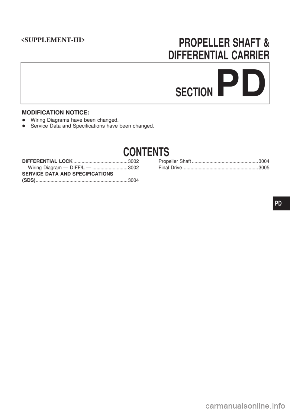 NISSAN PATROL 2002  Electronic Repair Manual PROPELLER SHAFT &
DIFFERENTIAL CARRIER
SECTION
PD
MODIFICATION NOTICE:
+Wiring Diagrams have been changed.
+Service Data and Specifications have been changed.
CONTENTS
DIFFERENTIAL LOCK...............