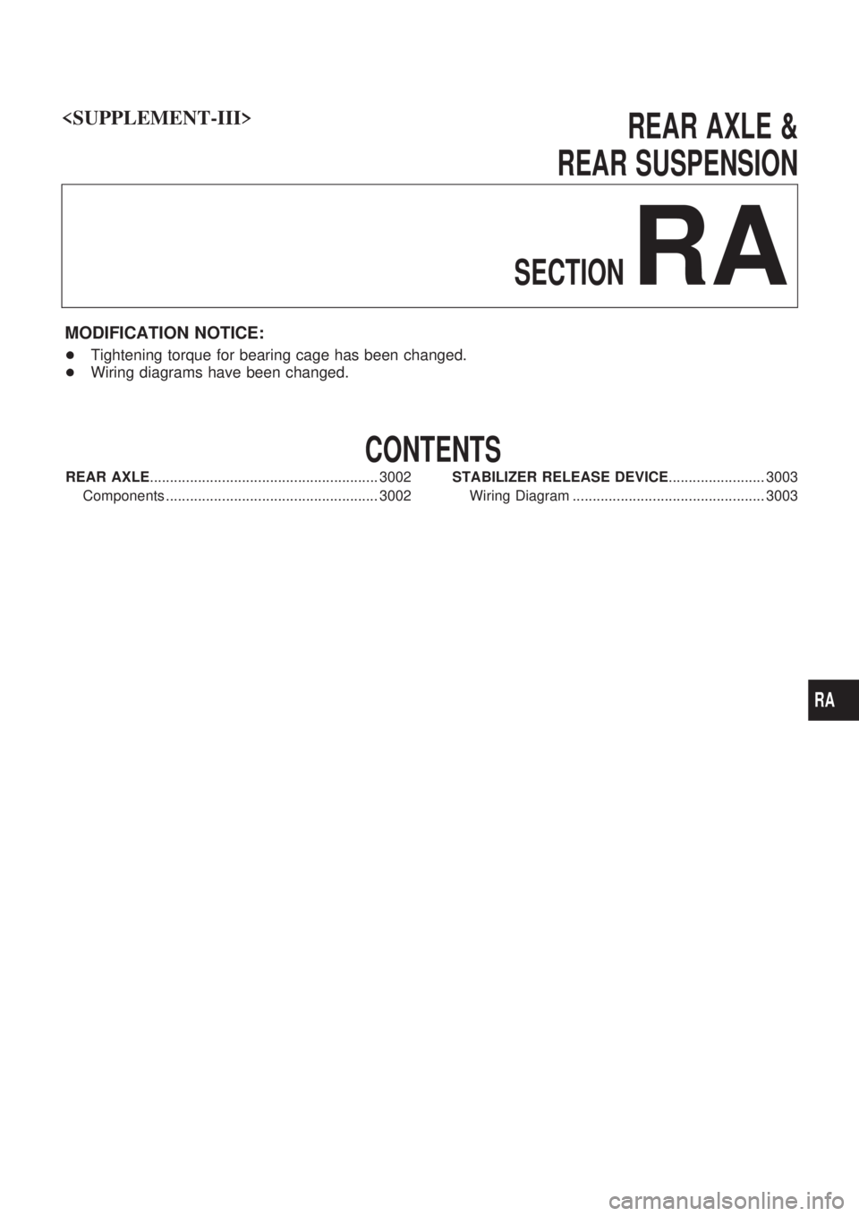 NISSAN PATROL 2002  Electronic Repair Manual REAR AXLE &
REAR SUSPENSION
SECTION
RA
MODIFICATION NOTICE:
+Tightening torque for bearing cage has been changed.
+Wiring diagrams have been changed.
CONTENTS
REAR AXLE................................