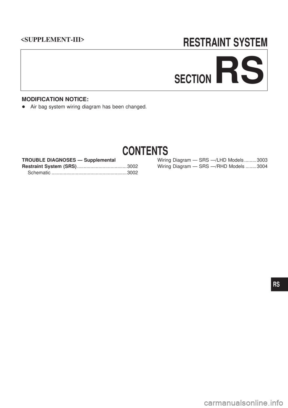 NISSAN PATROL 2002  Electronic Repair Manual RESTRAINT SYSTEM
SECTION
RS
MODIFICATION NOTICE:
+Air bag system wiring diagram has been changed.
CONTENTS
TROUBLE DIAGNOSES Ð Supplemental
Restraint System (SRS).....................................