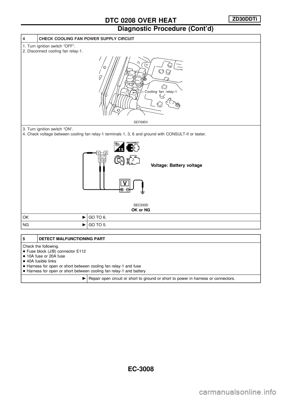 NISSAN PATROL 2002  Electronic Owners Guide 4 CHECK COOLING FAN POWER SUPPLY CIRCUIT
1. Turn ignition switch ªOFFº.
2. Disconnect cooling fan relay-1.
SEF690V
3. Turn ignition switch ªONº.
4. Check voltage between cooling fan relay-1 termin