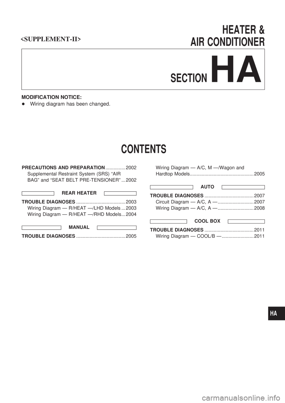 NISSAN PATROL 2001 Electronic Repair Manual HEATER &
AIR CONDITIONER
SECTION
HA
MODIFICATION NOTICE:
+Wiring diagram has been changed.
CONTENTS
PRECAUTIONS AND PREPARATION............... 2002
Supplemental Restraint System (SRS) ªAIR
BAGº and NISSAN PATROL 2001 Electronic Repair Manual HEATER &
AIR CONDITIONER
SECTION
HA
MODIFICATION NOTICE:
+Wiring diagram has been changed.
CONTENTS
PRECAUTIONS AND PREPARATION............... 2002
Supplemental Restraint System (SRS) ªAIR
BAGº and