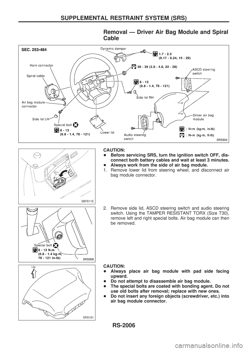NISSAN PATROL 2001  Electronic Repair Manual Removal Ð Driver Air Bag Module and Spiral
Cable
CAUTION:
+Before servicing SRS, turn the ignition switch OFF, dis-
connect both battery cables and wait at least 3 minutes.
+Always work from the side