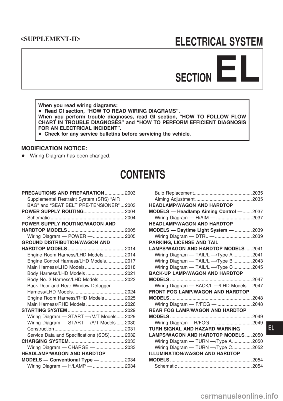 NISSAN PATROL 2001  Electronic Manual PDF ELECTRICAL SYSTEM
SECTION
EL
When you read wiring diagrams:
+Read GI section, ªHOW TO READ WIRING DIAGRAMSº.
When you perform trouble diagnoses, read GI section, ªHOW TO FOLLOW FLOW
CHART IN TROUBL